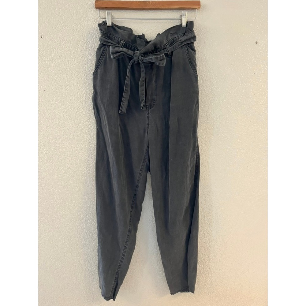 Aerie Paperbag Waist‎ Linen Blend Pants Charcoal Tie Waist Tapered Leg Womens M
